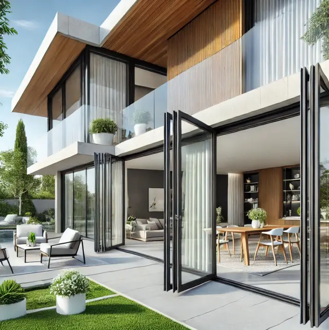 DALL·E 2024-08-19 22.14.12 – A modern exterior view featuring large PVC terrace doors on a contemporary house. The house has a sleek, minimalist design with a wooden facade, and t DALL·E 2024-08-19 22.14.12 - A modern exterior view featuring large PVC terrace doors on a contemporary house. The house has a sleek, minimalist design with a wooden facade, and t